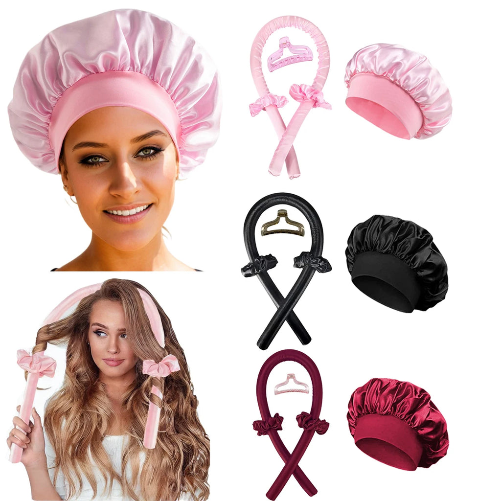 Varilla rizadora sin calor, diadema, conjunto de capó de satén, rizador de pelo sin calor, rulos suaves, rizos perezosos, gorro para dormir, gorro de noche