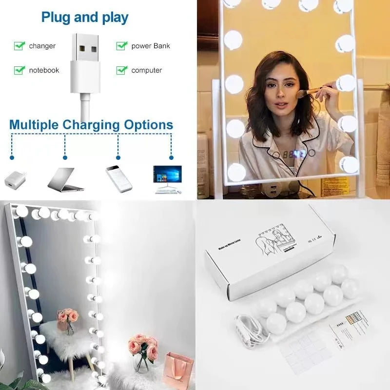 Bombillas LED para espejo de maquillaje, lámpara de tocador regulable con USB, 12V