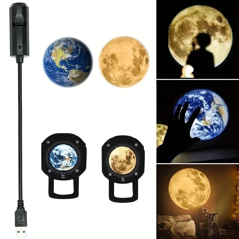 Lámpara de Proyección USB de Techo con Diseño de Luna y Tierra, Luz de Ambiente, Cielo Estrellado, Luz Nocturna, Decoración Romántica para Dormitorio, Proyector de Galaxia