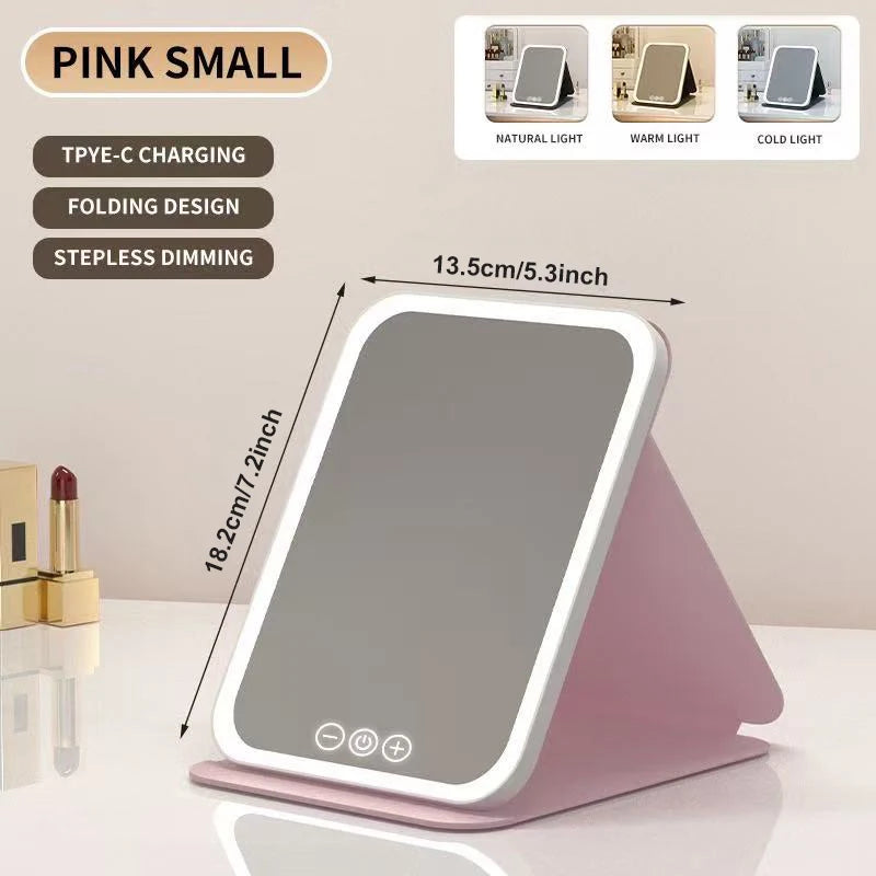 Espejo de maquillaje LED, tocador portátil ligero de 3 colores con brillo ajustable, carga USB, plegable para viajes y uso doméstico