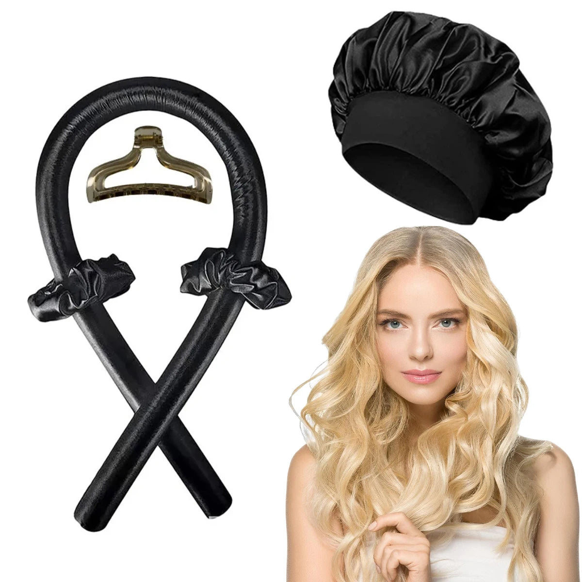 Varilla rizadora sin calor, diadema, conjunto de capó de satén, rizador de pelo sin calor, rulos suaves, rizos perezosos, gorro para dormir, gorro de noche