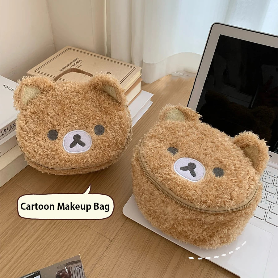 Estuche de maquillaje de felpa, bolsa de cosméticos de oso relajado de Anime, bolsa de almacenamiento de joyería para mujer, organizador para chica, bolsos de regalo, gran oferta
