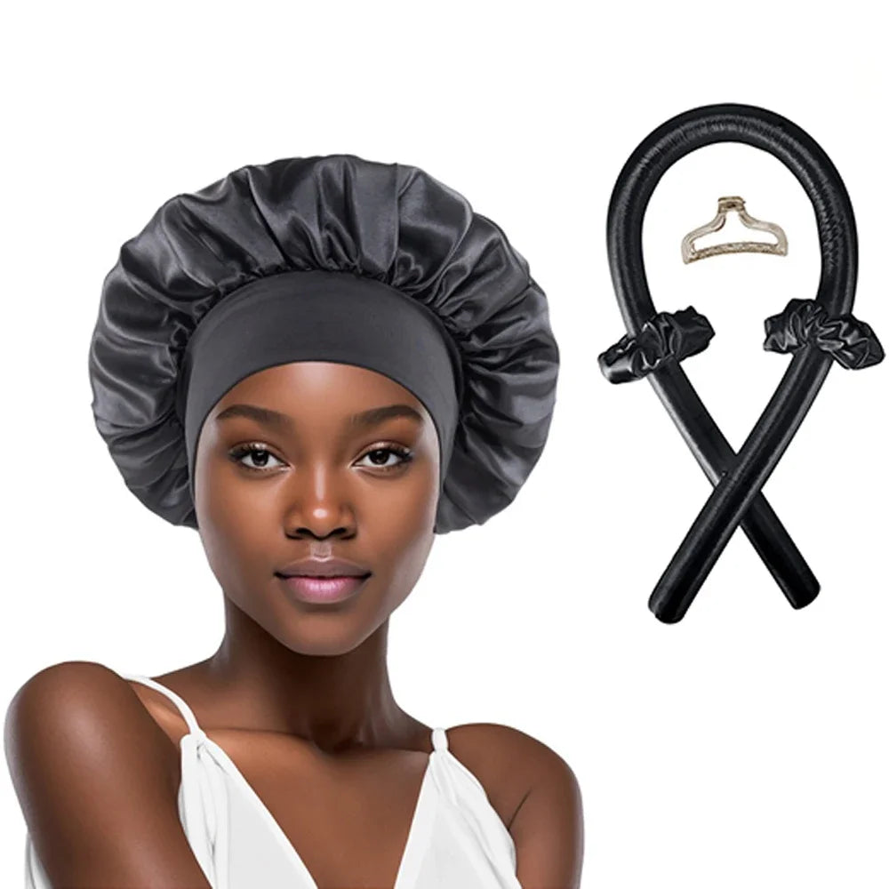 Varilla rizadora sin calor, diadema, conjunto de capó de satén, rizador de pelo sin calor, rulos suaves, rizos perezosos, gorro para dormir, gorro de noche