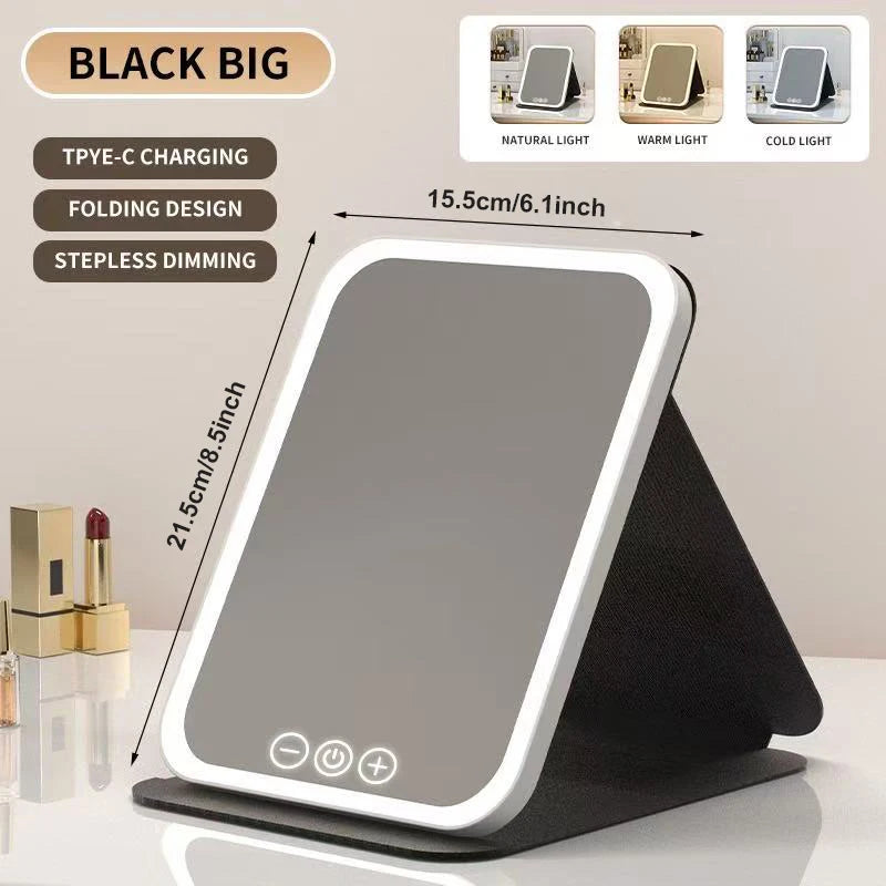 Espejo de maquillaje LED, tocador portátil ligero de 3 colores con brillo ajustable, carga USB, plegable para viajes y uso doméstico