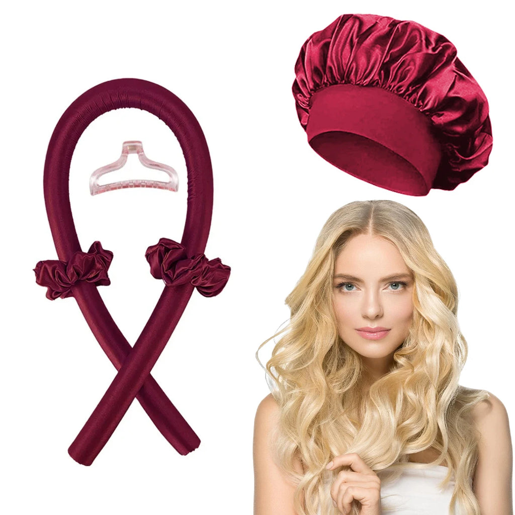 Varilla rizadora sin calor, diadema, conjunto de capó de satén, rizador de pelo sin calor, rulos suaves, rizos perezosos, gorro para dormir, gorro de noche