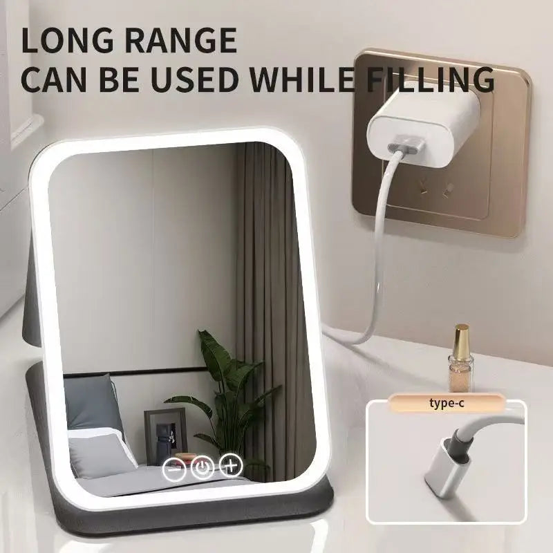 Espejo de maquillaje LED, tocador portátil ligero de 3 colores con brillo ajustable, carga USB, plegable para viajes y uso doméstico