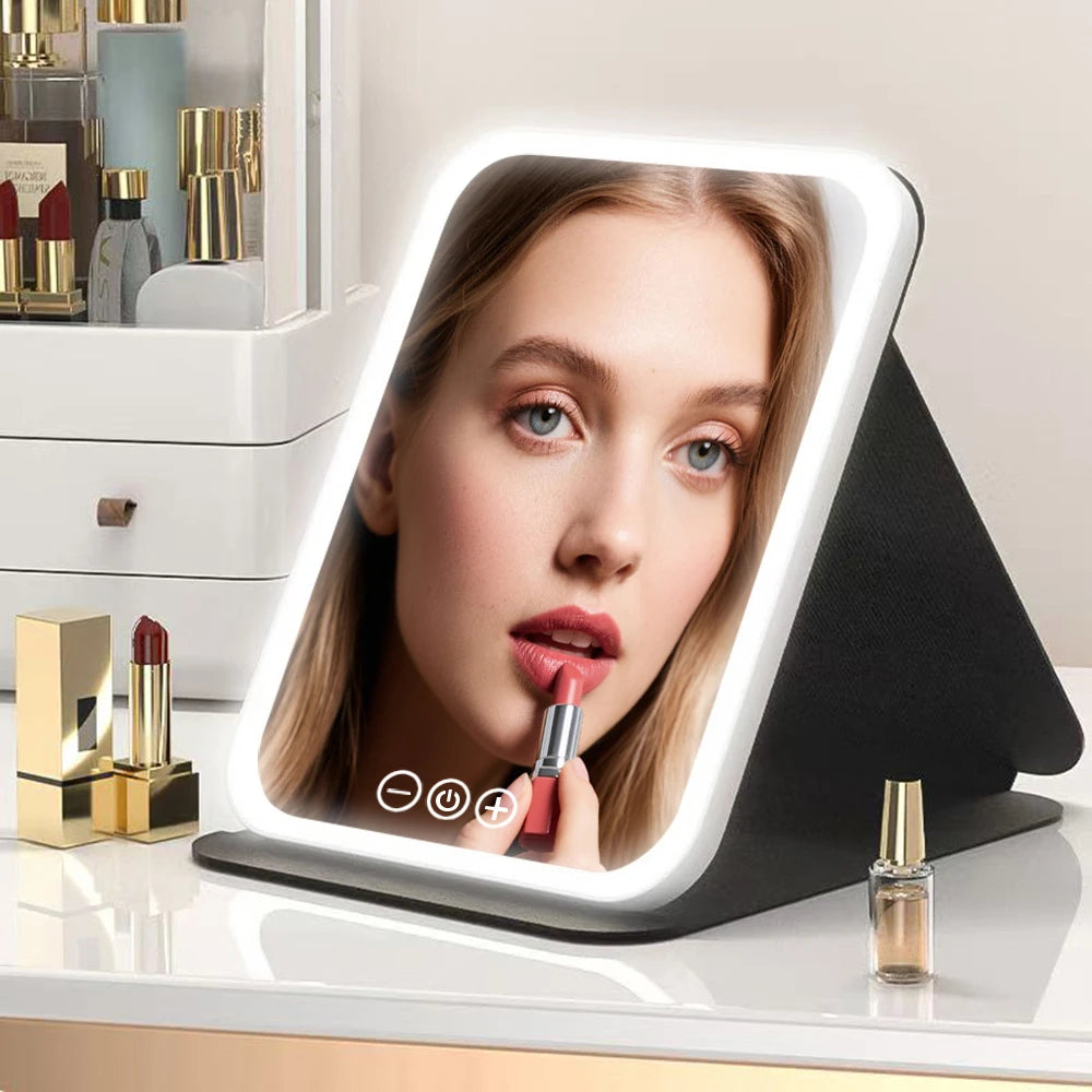 Espejo de maquillaje LED, tocador portátil ligero de 3 colores con brillo ajustable, carga USB, plegable para viajes y uso doméstico