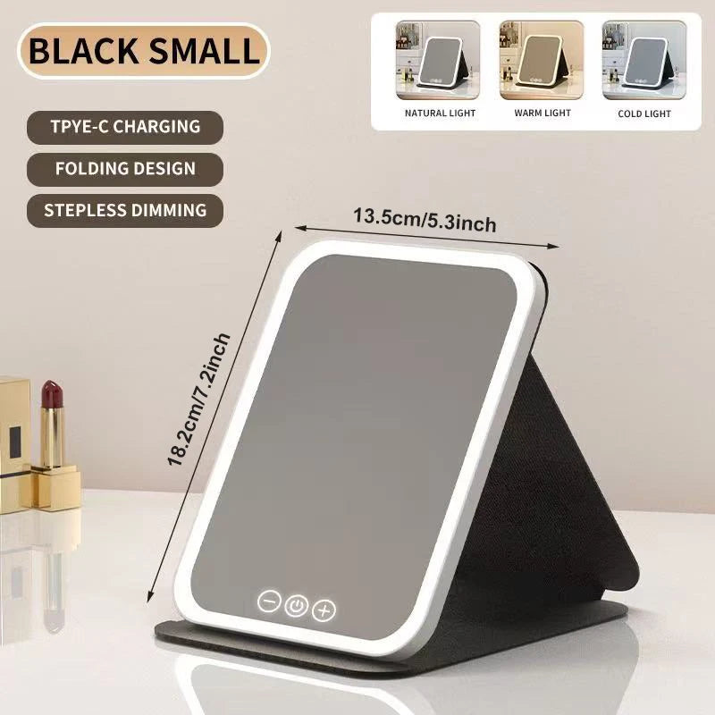 Espejo de maquillaje LED, tocador portátil ligero de 3 colores con brillo ajustable, carga USB, plegable para viajes y uso doméstico