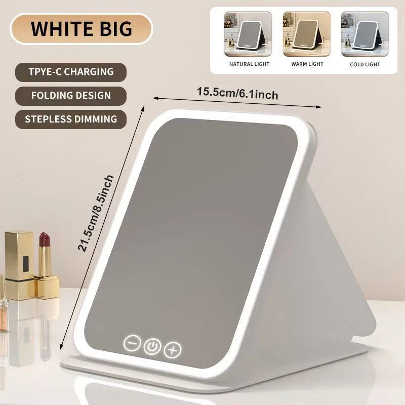 Espejo de maquillaje LED, tocador portátil ligero de 3 colores con brillo ajustable, carga USB, plegable para viajes y uso doméstico