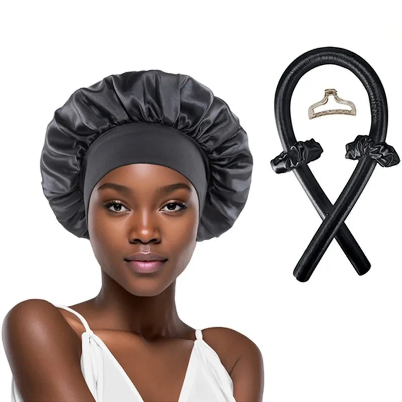 Varilla rizadora sin calor, diadema, conjunto de capó de satén, rizador de pelo sin calor, rulos suaves, rizos perezosos, gorro para dormir, gorro de noche