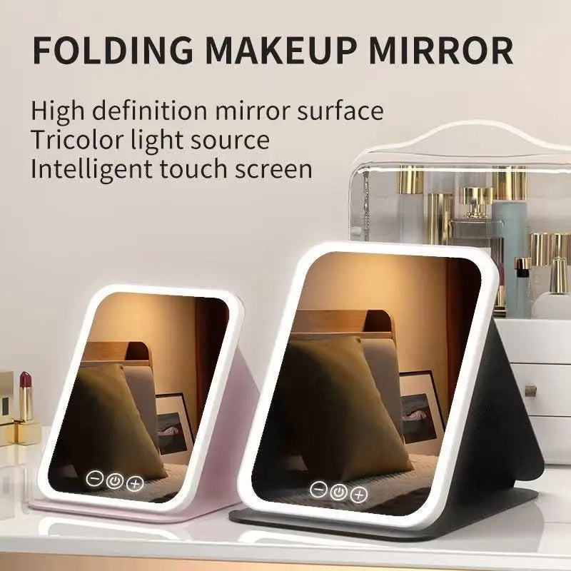 Espejo de maquillaje LED, tocador portátil ligero de 3 colores con brillo ajustable, carga USB, plegable para viajes y uso doméstico