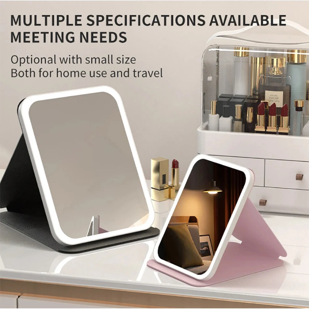 Espejo de maquillaje LED, tocador portátil ligero de 3 colores con brillo ajustable, carga USB, plegable para viajes y uso doméstico