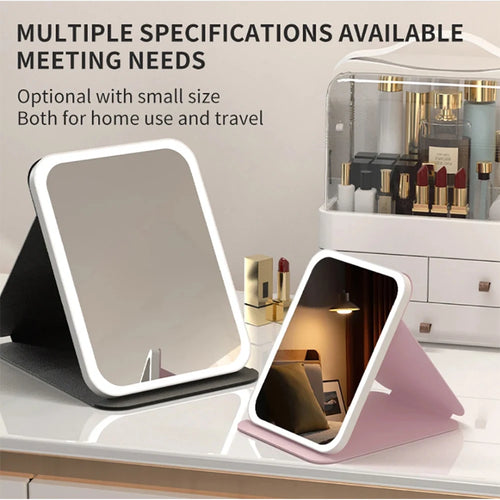 Espejo de maquillaje LED, tocador portátil ligero de 3 colores con brillo ajustable, carga USB, plegable para viajes y uso doméstico