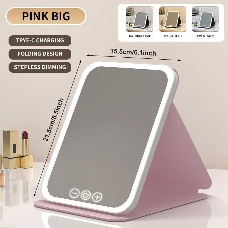 Espejo de maquillaje LED, tocador portátil ligero de 3 colores con brillo ajustable, carga USB, plegable para viajes y uso doméstico