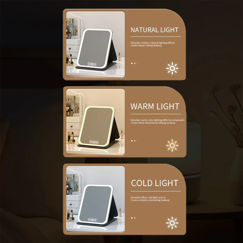Espejo de maquillaje LED, tocador portátil ligero de 3 colores con brillo ajustable, carga USB, plegable para viajes y uso doméstico