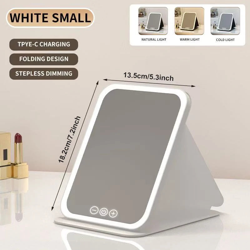 Espejo de maquillaje LED, tocador portátil ligero de 3 colores con brillo ajustable, carga USB, plegable para viajes y uso doméstico